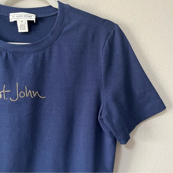 St. John Sport Navy Blue Gold Beaded Spell Out Short Sleeve Tee Shirt Medium - Picture 3 of 8